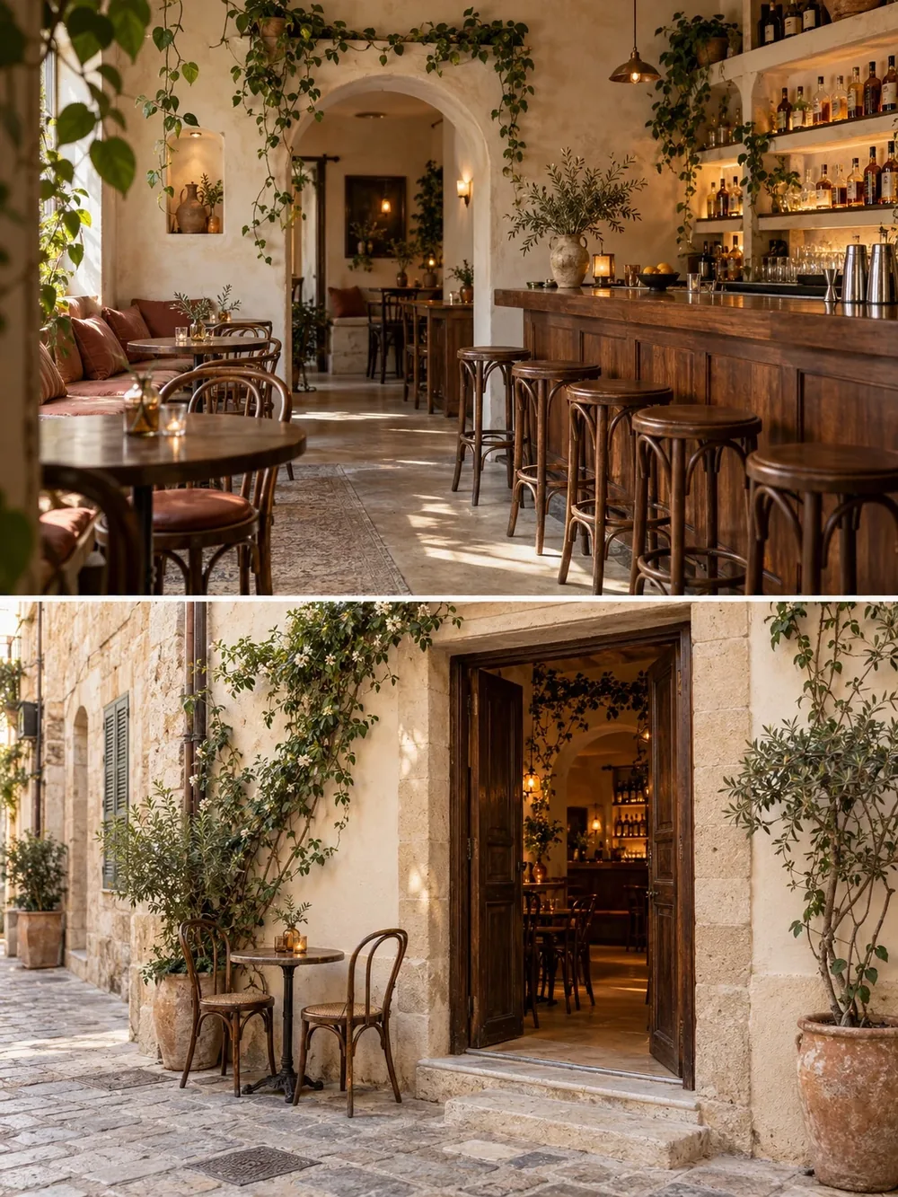 Warm wooden counter and vine-framed arch of the imagined Cheers interior
