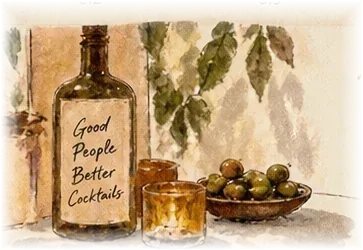 Watercolor bottle and a bowl of olives