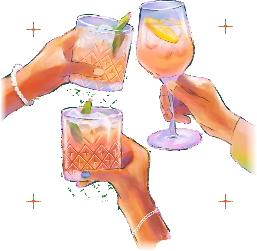 Three hands clink pink and citrus cocktails, painted in bright watercolor