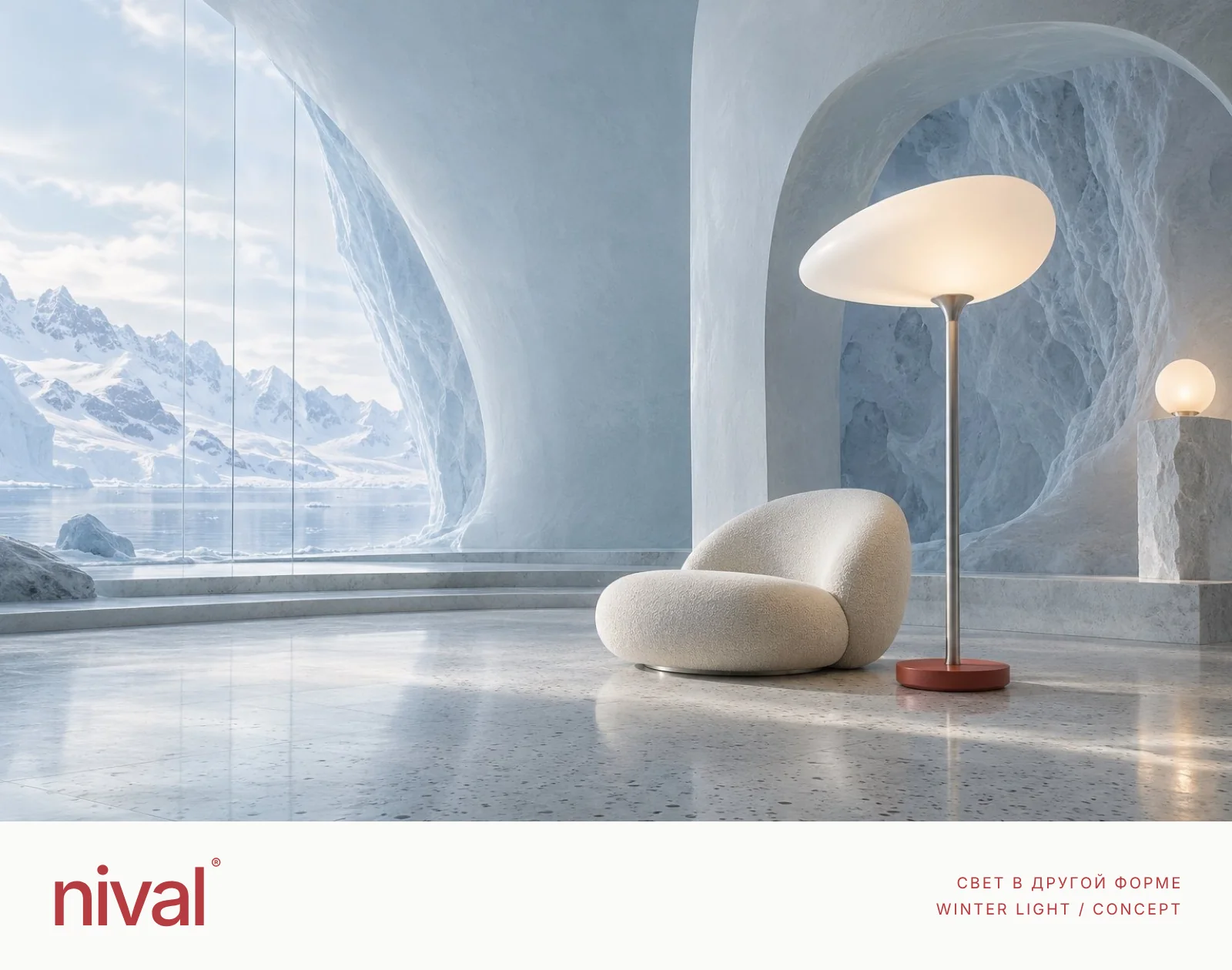 NIVAL — a sculptural lamp glowing in an icy interior