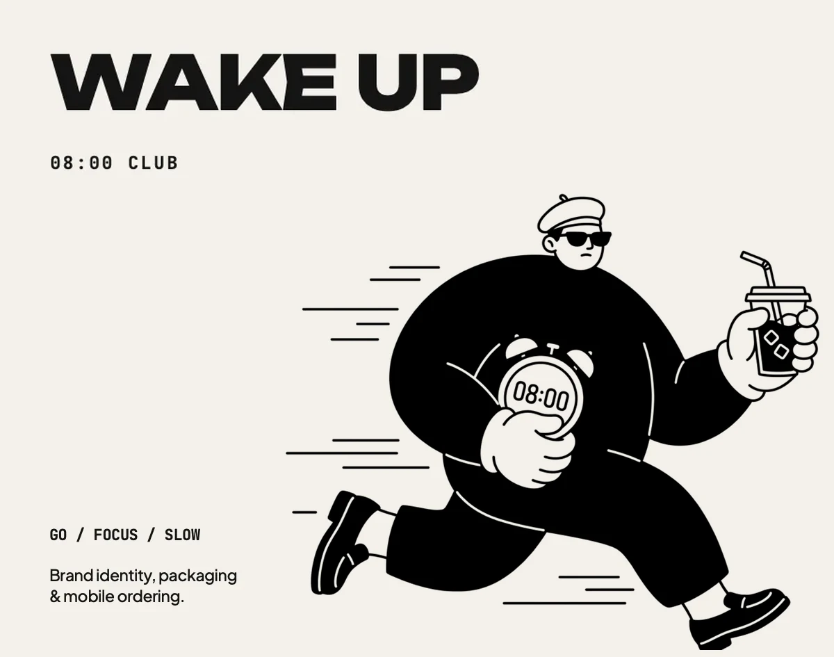WAKE UP: the GO character and the brand name on a warm paper background