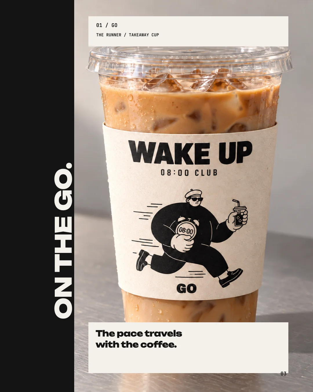 WAKE UP takeaway cup with the GO character on the sleeve