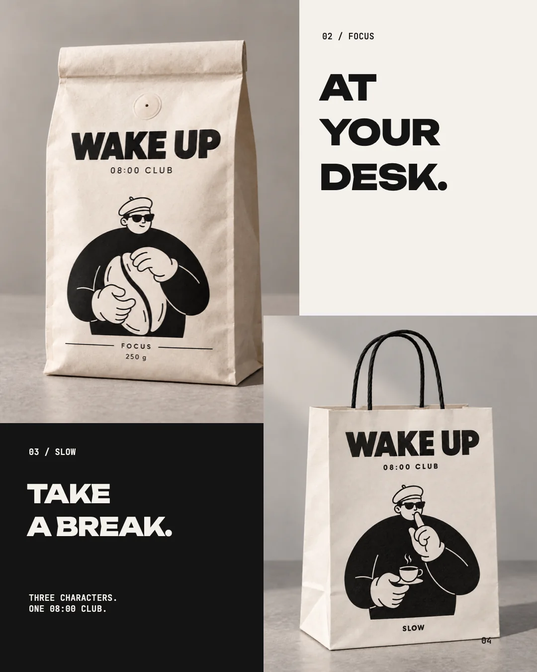 WAKE UP coffee bag and paper bag with the FOCUS and SLOW characters